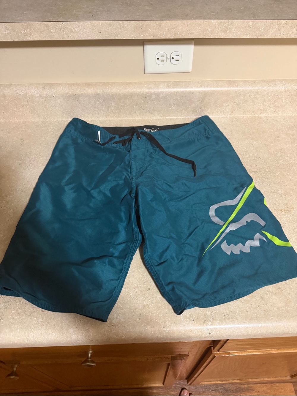 Fox Men’s Teal Swim Trunks with Neon Lime and Gray Logo